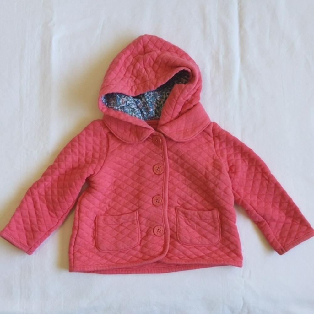 joe fresh coral pink quilted jacket with floral lined hood 12-18 month baby girl